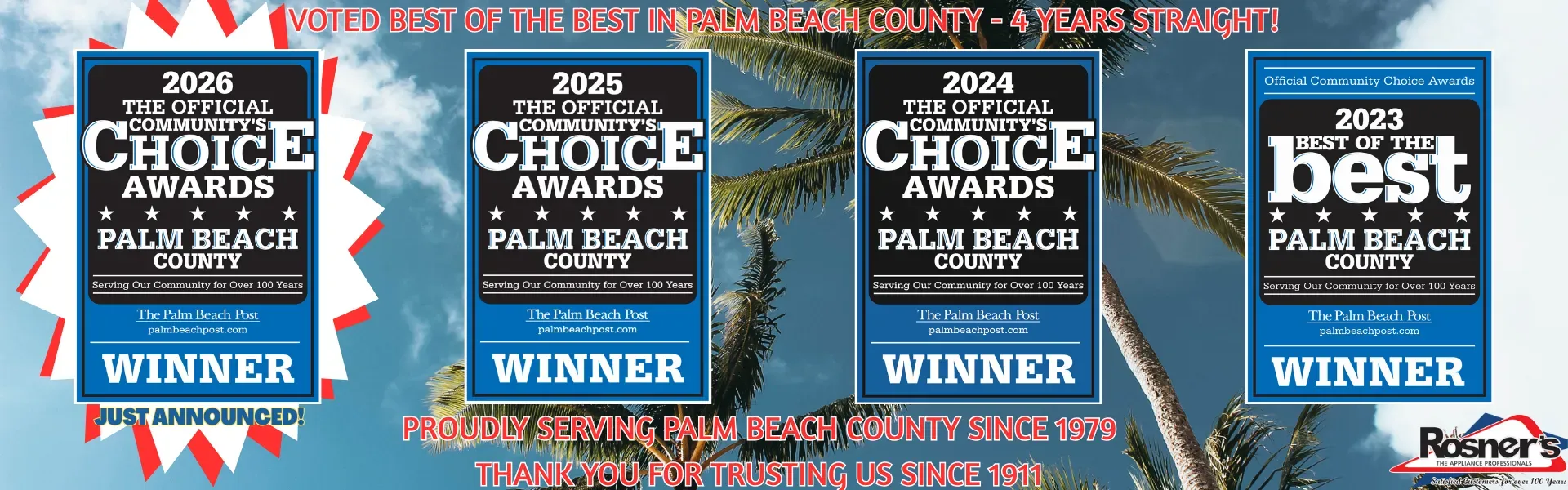 Rosner's Appliances Voted Best of the Best in Palm Beach County for the 4th Straight Year!